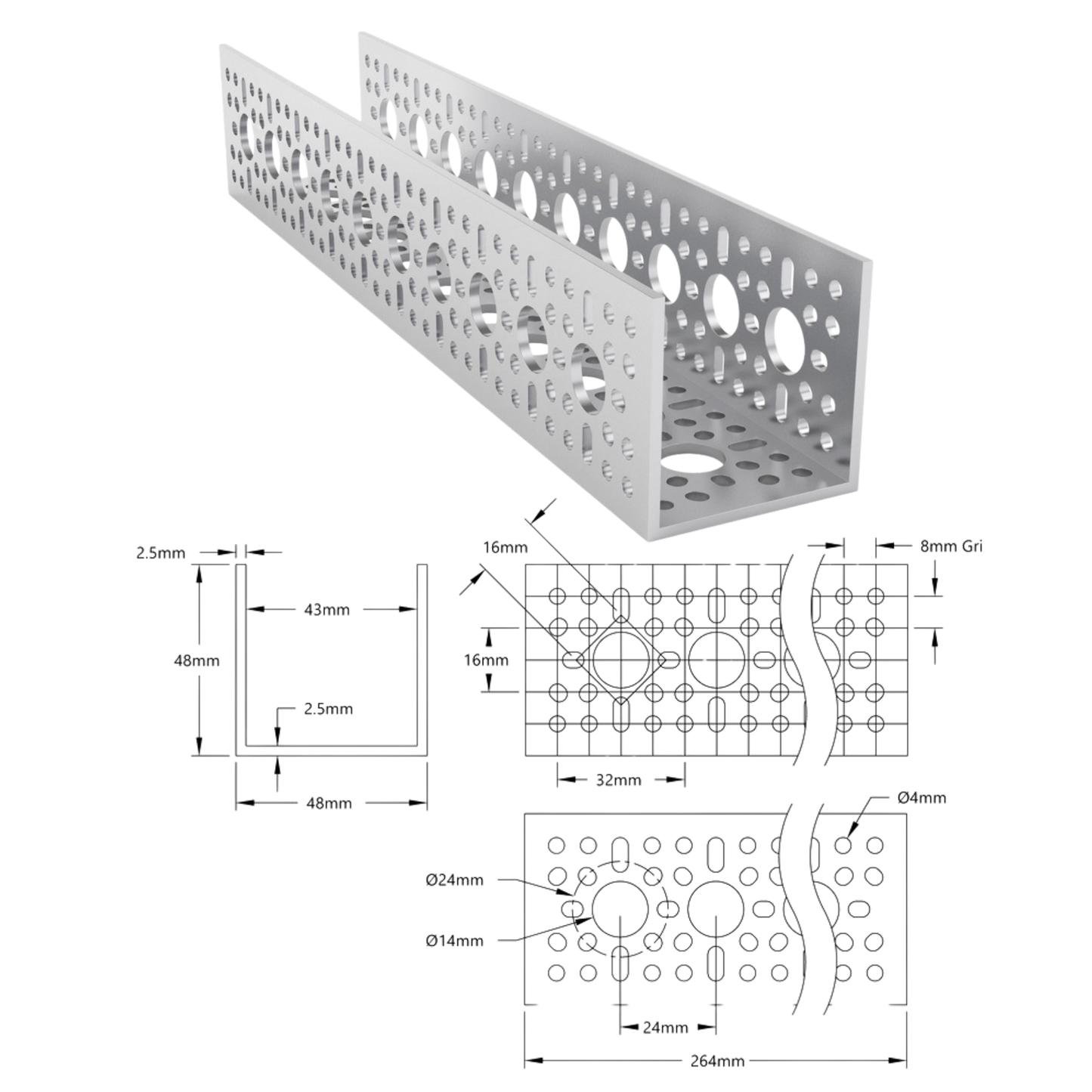 goBilda's 1120 Series U-Channel (10 Hole, 264mm Length)