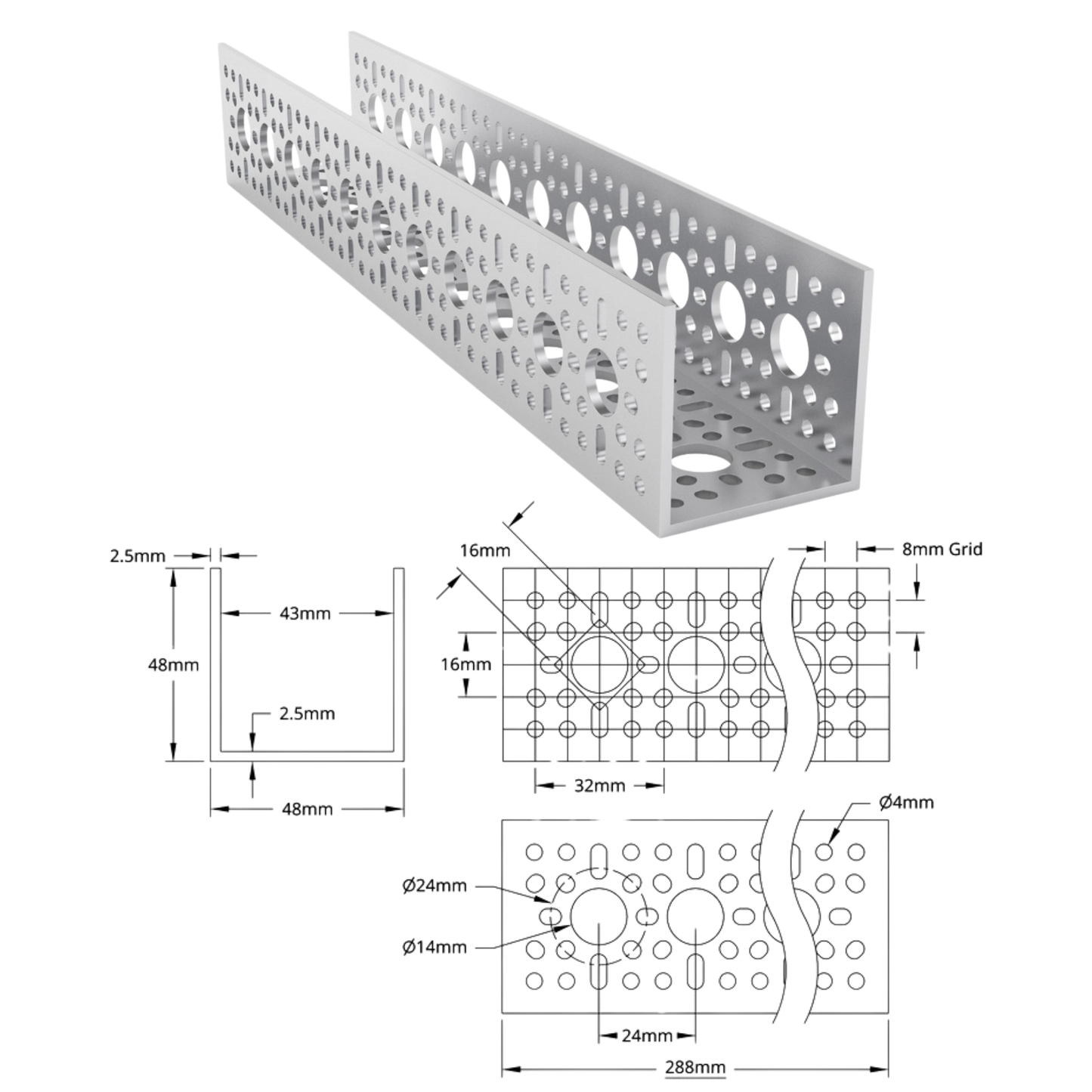 goBilda's 1120 Series U-Channel (11 Hole, 288mm Length)