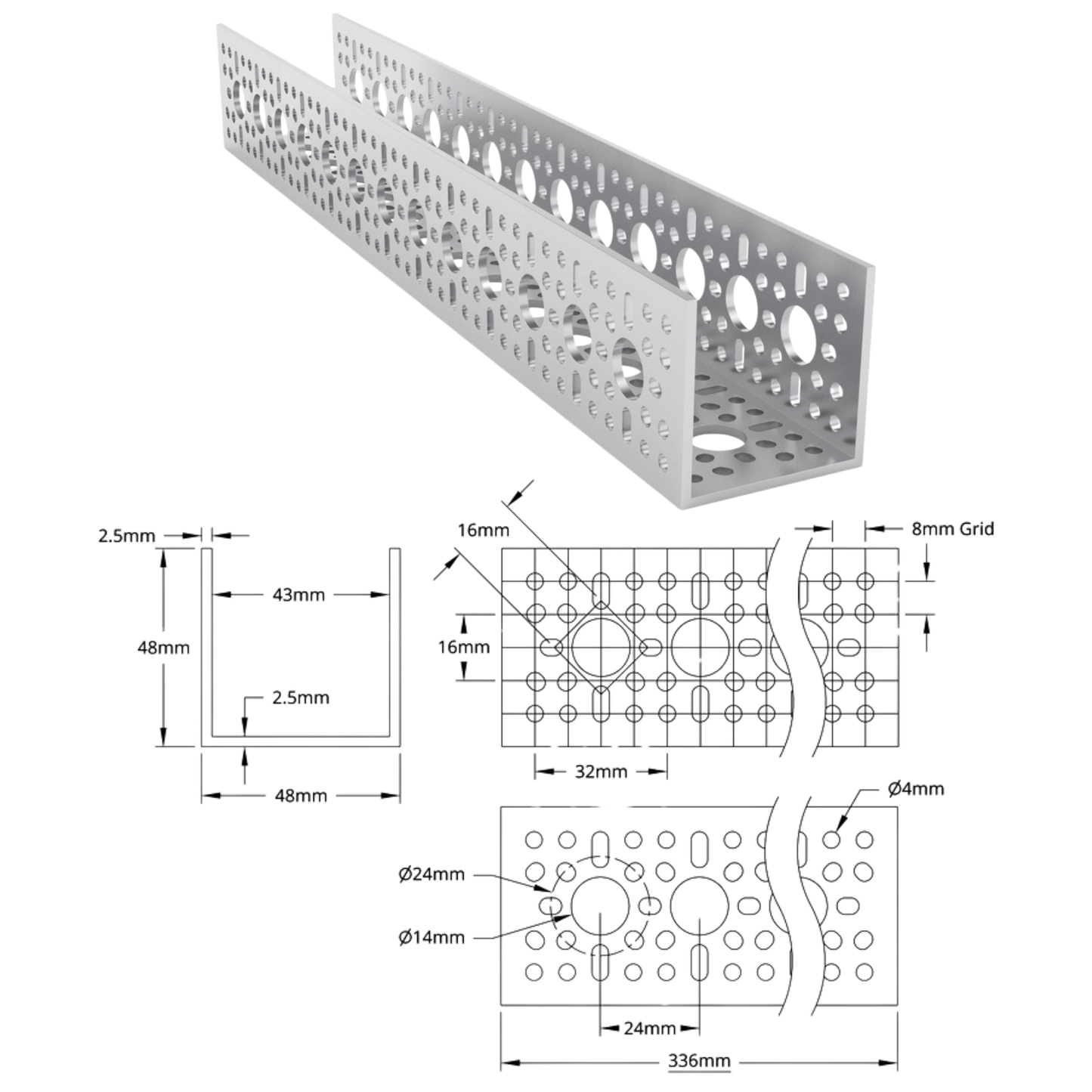 goBilda's 1120 Series U-Channel (13 Hole, 336mm Length)