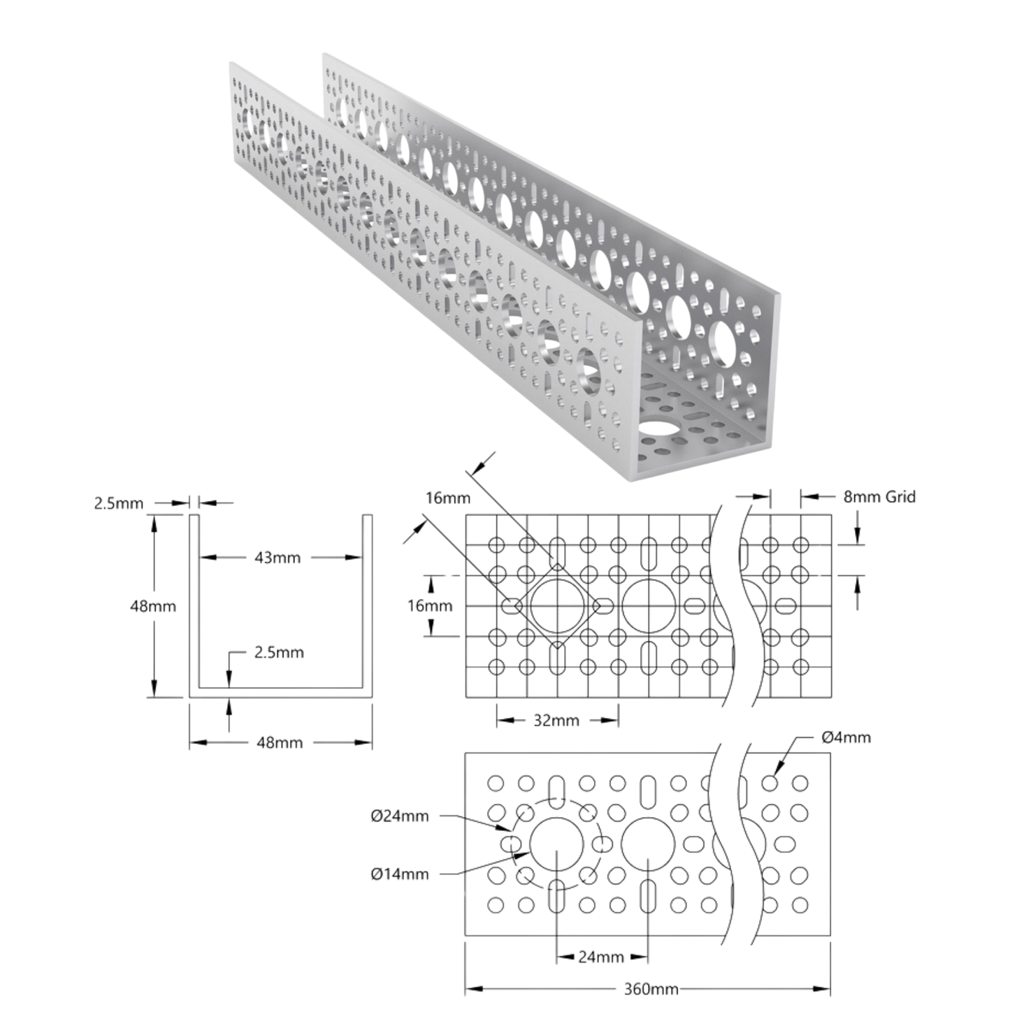goBilda's 1120 Series U-Channel (14 Hole, 360mm Length)
