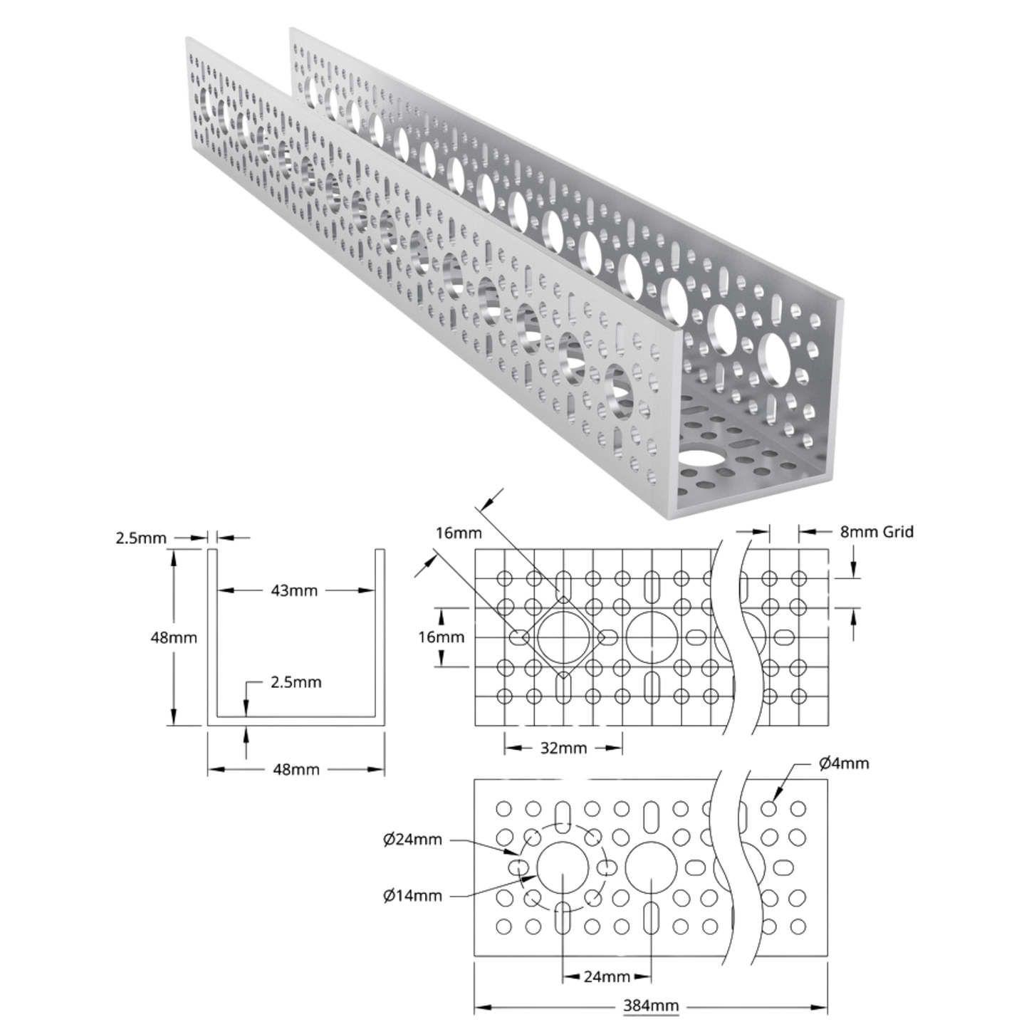 goBilda's 1120 Series U-Channel (15 Hole, 384mm Length)