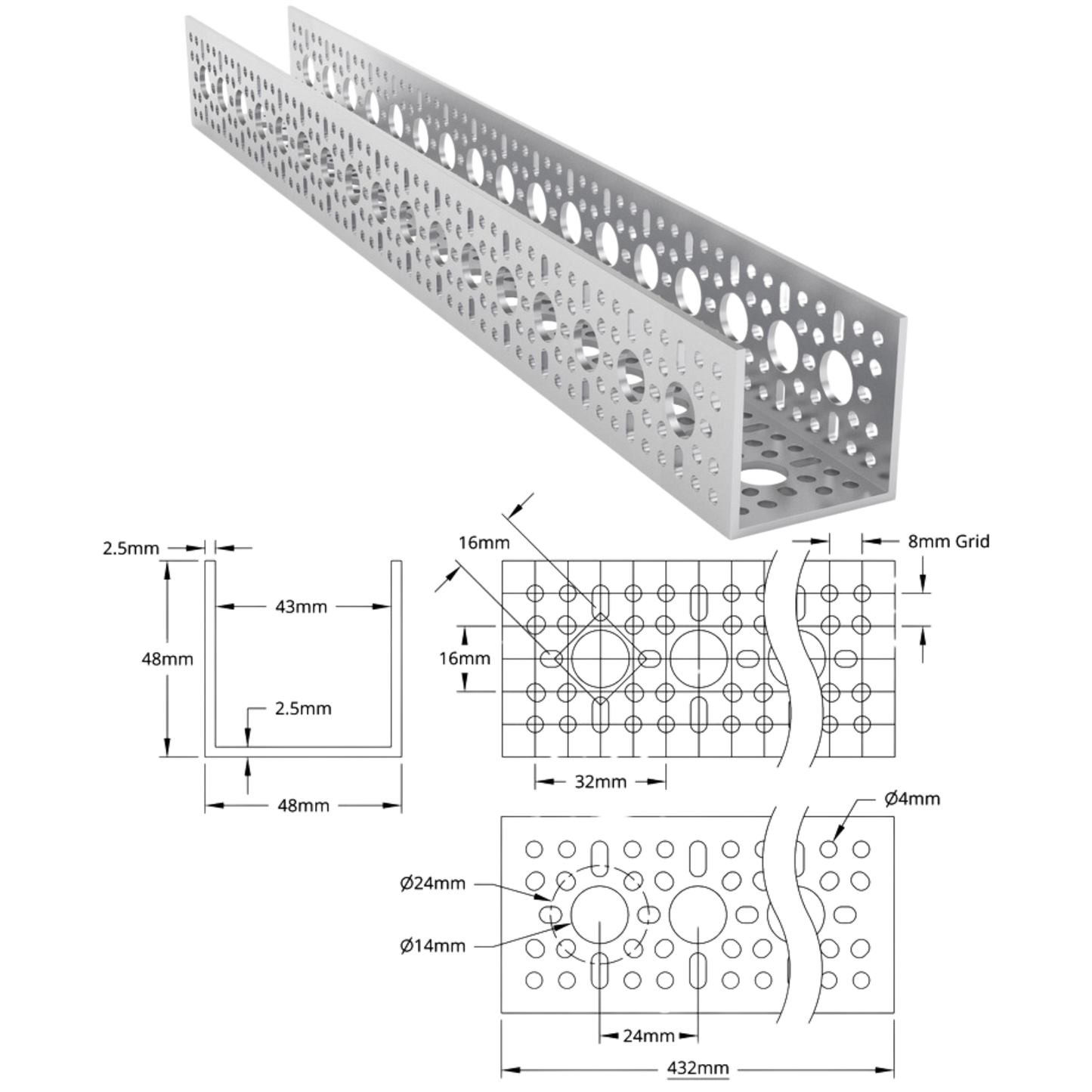 goBilda's 1120 Series U-Channel (17 Hole, 432mm Length)