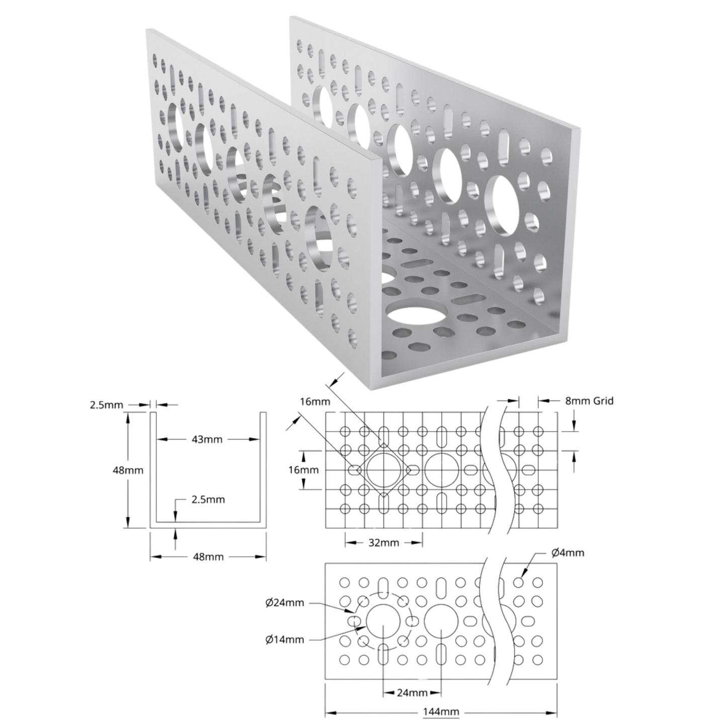 goBilda's 1120 Series U-Channel (5 Hole, 144mm Length)