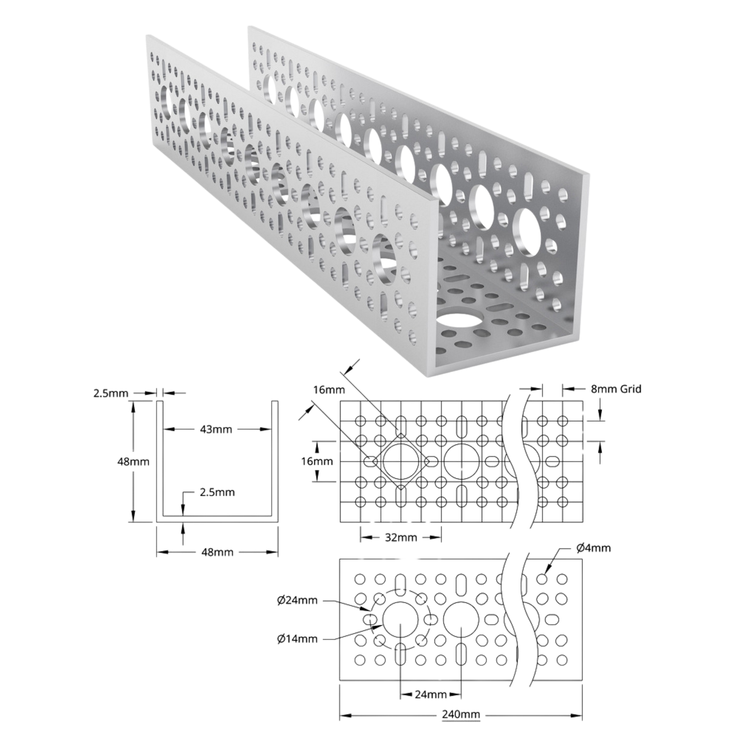 goBilda's 1120 Series U-Channel (9 Hole, 240mm Length)