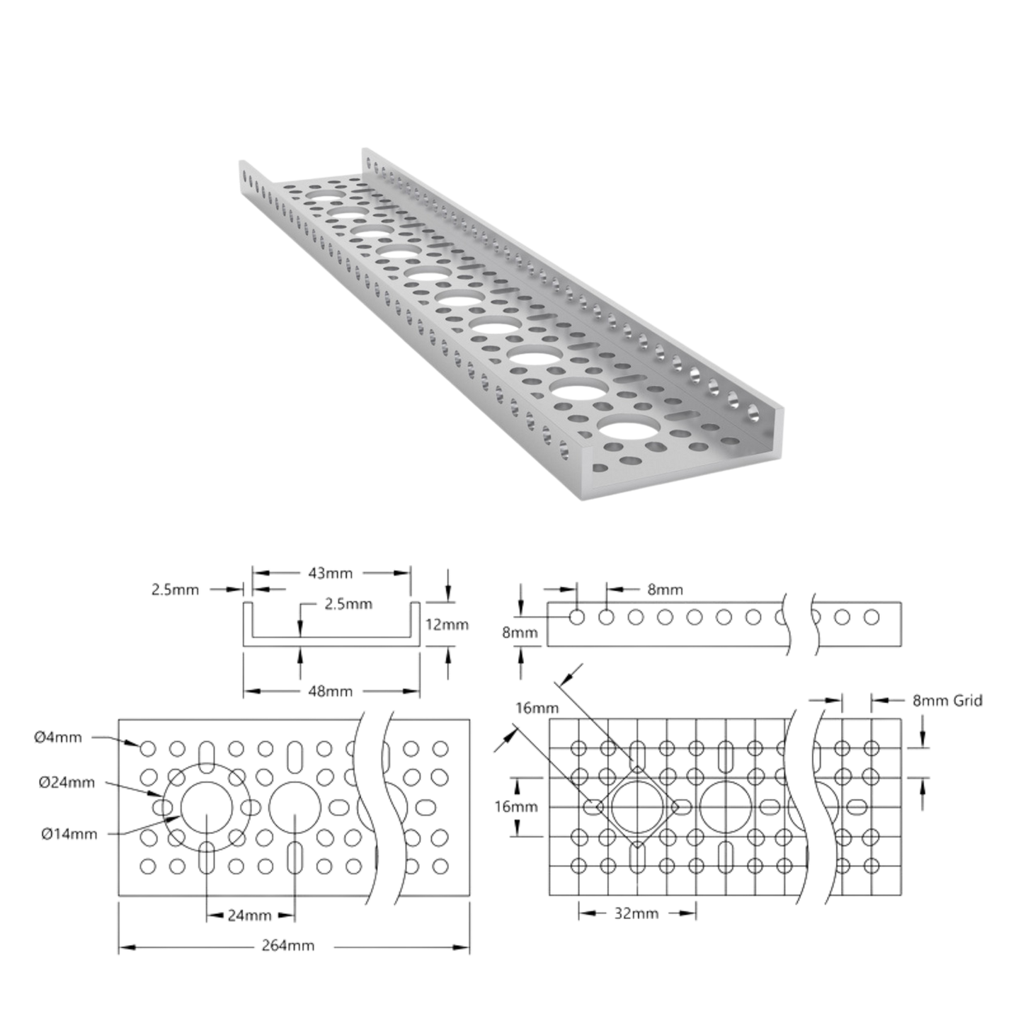 goBilda's 1121 Series Low-Side U-Channel (10 Hole, 264mm Length)