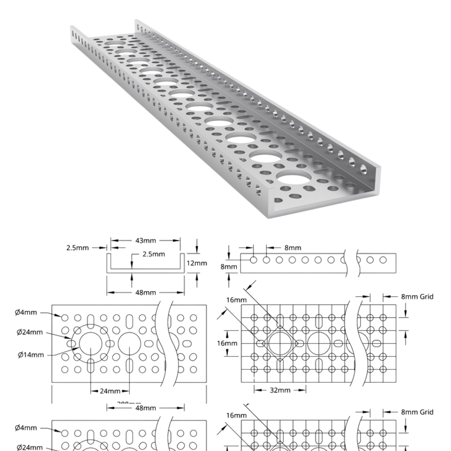 goBilda's 1121 Series Low-Side U-Channel (11 Hole, 288mm Length)
