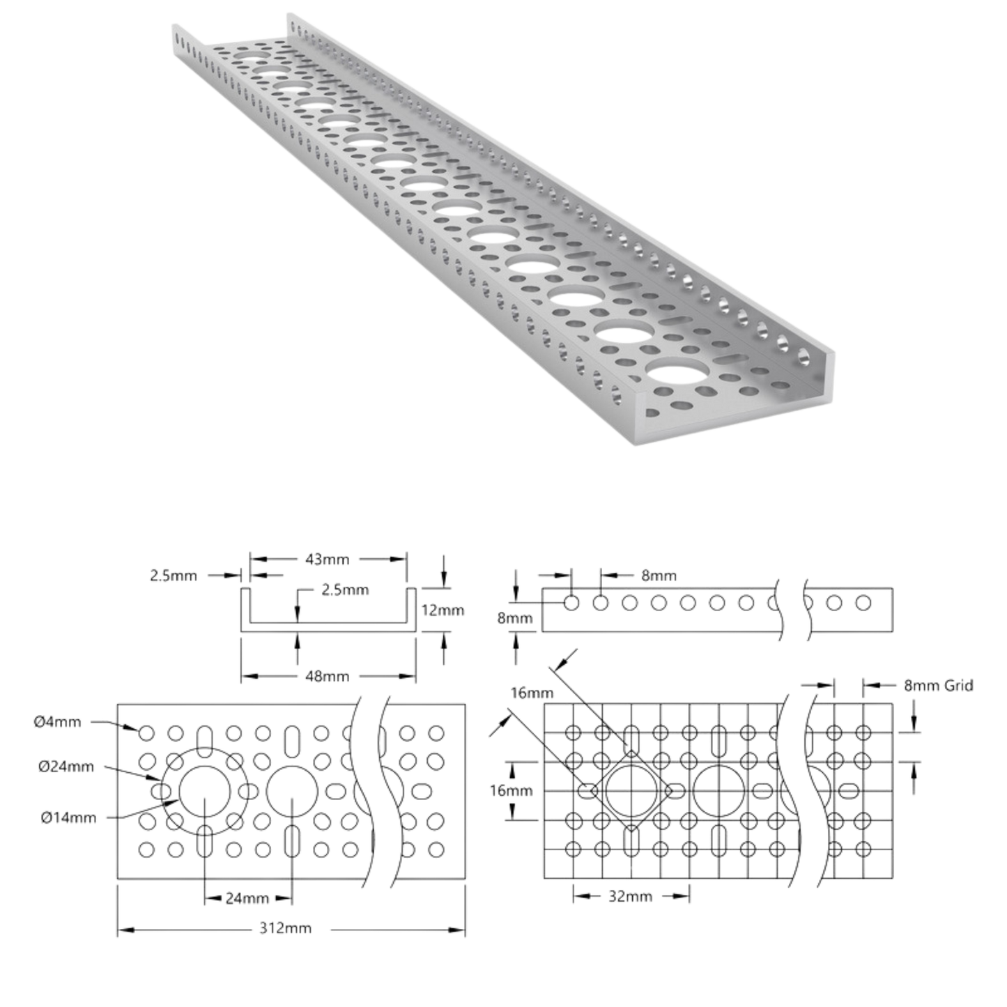 goBilda's 1121 Series Low-Side U-Channel (14 Hole, 360mm Length)