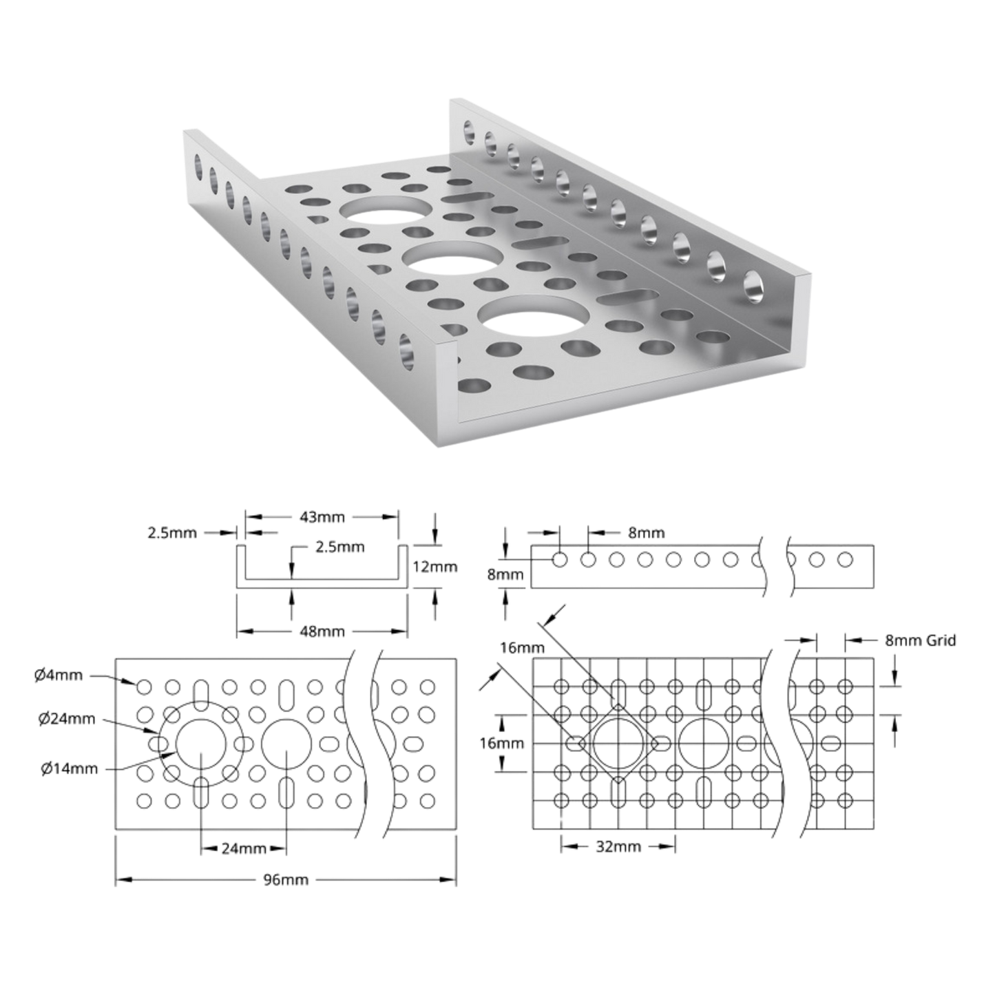 goBilda's 1121 Series Low-Side U-Channel (3 Hole, 96mm Length)