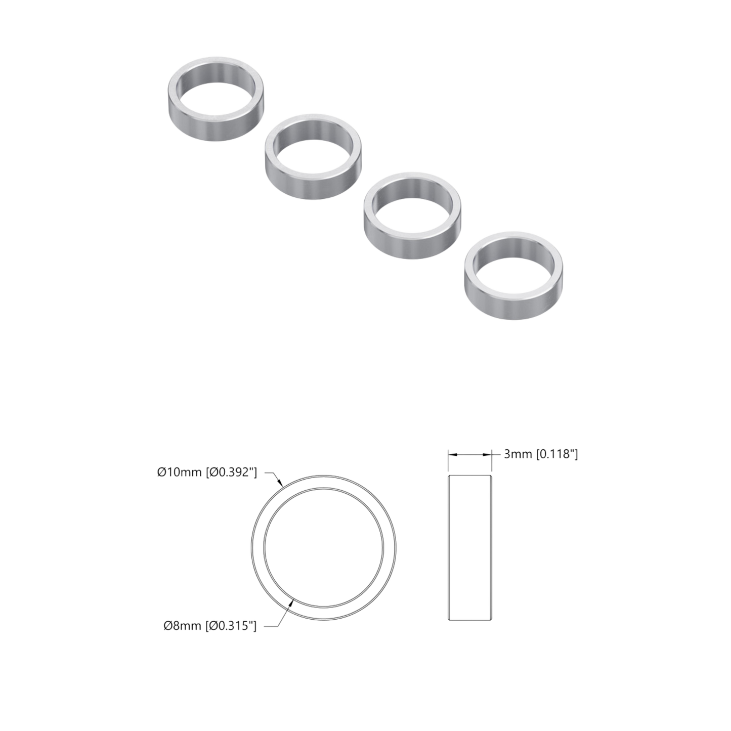 goBilda's 1522 Series 8mm ID Spacer (10mm OD, 3mm Length) - 4 Pack