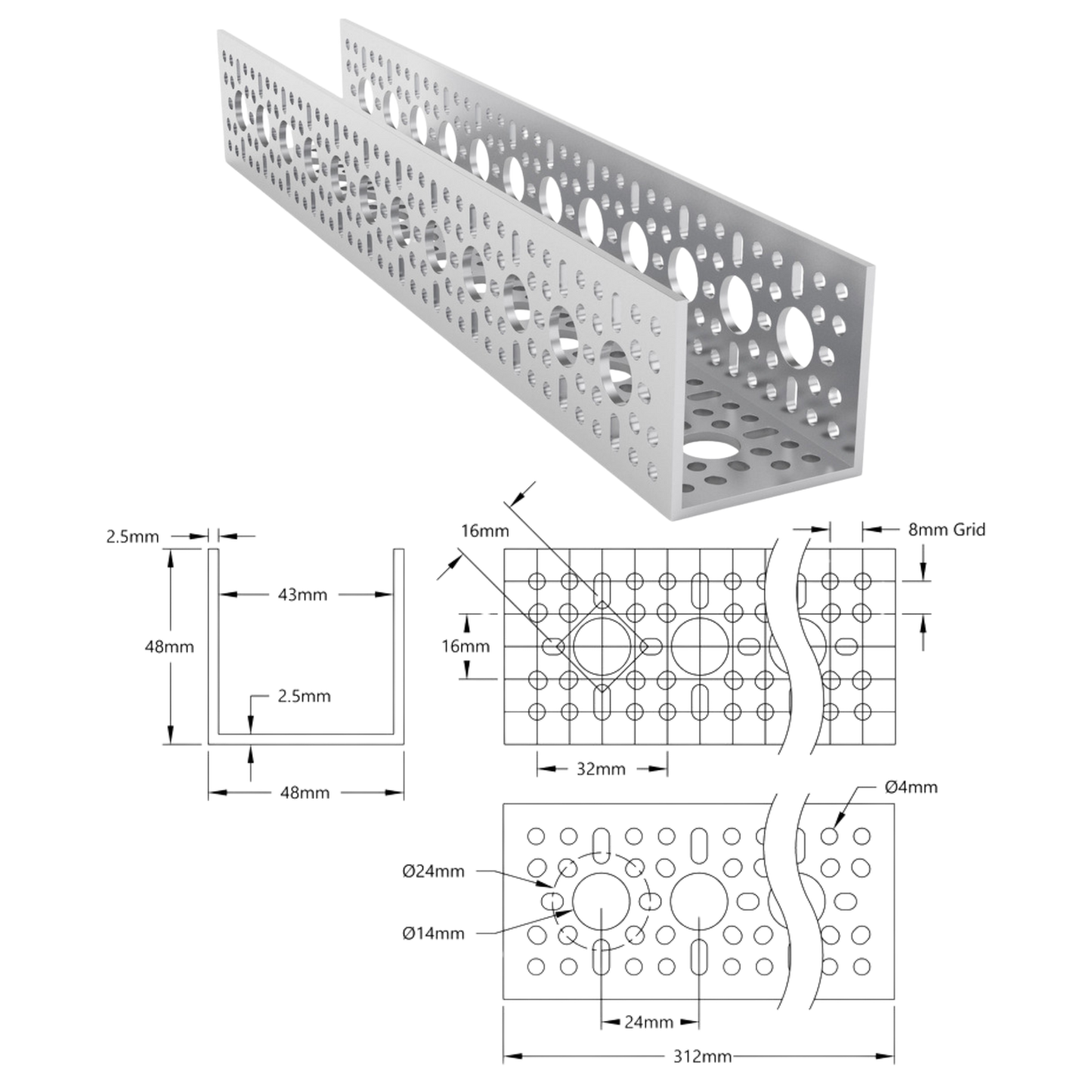 goBilda's 1120 Series U-Channel (12 Hole, 312mm Length)