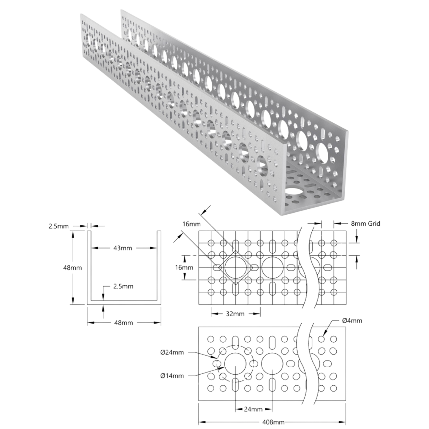 goBilda's 1120 Series U-Channel (16 Hole, 408mm Length)
