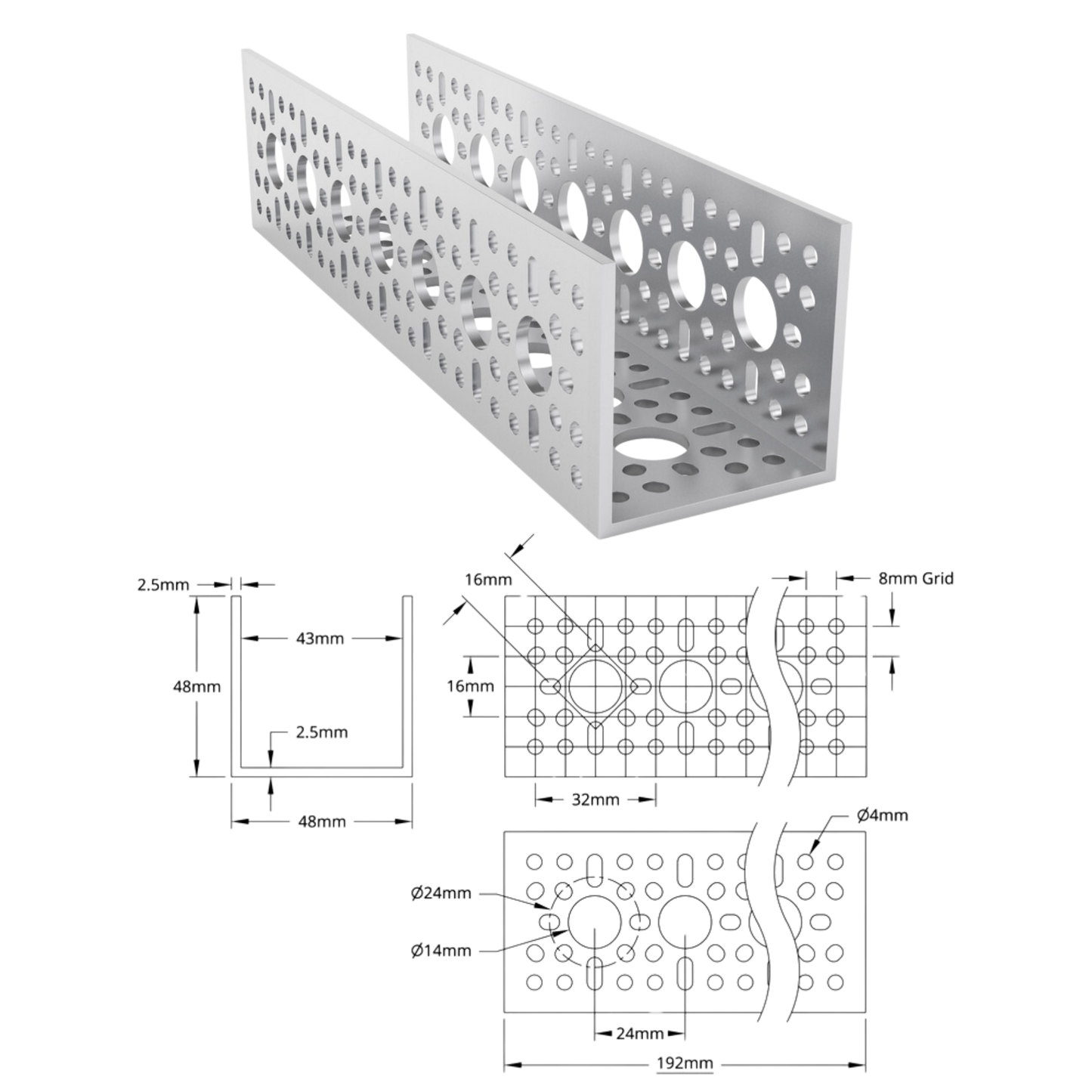 goBilda's 1120 Series U-Channel (7 Hole, 192mm Length)