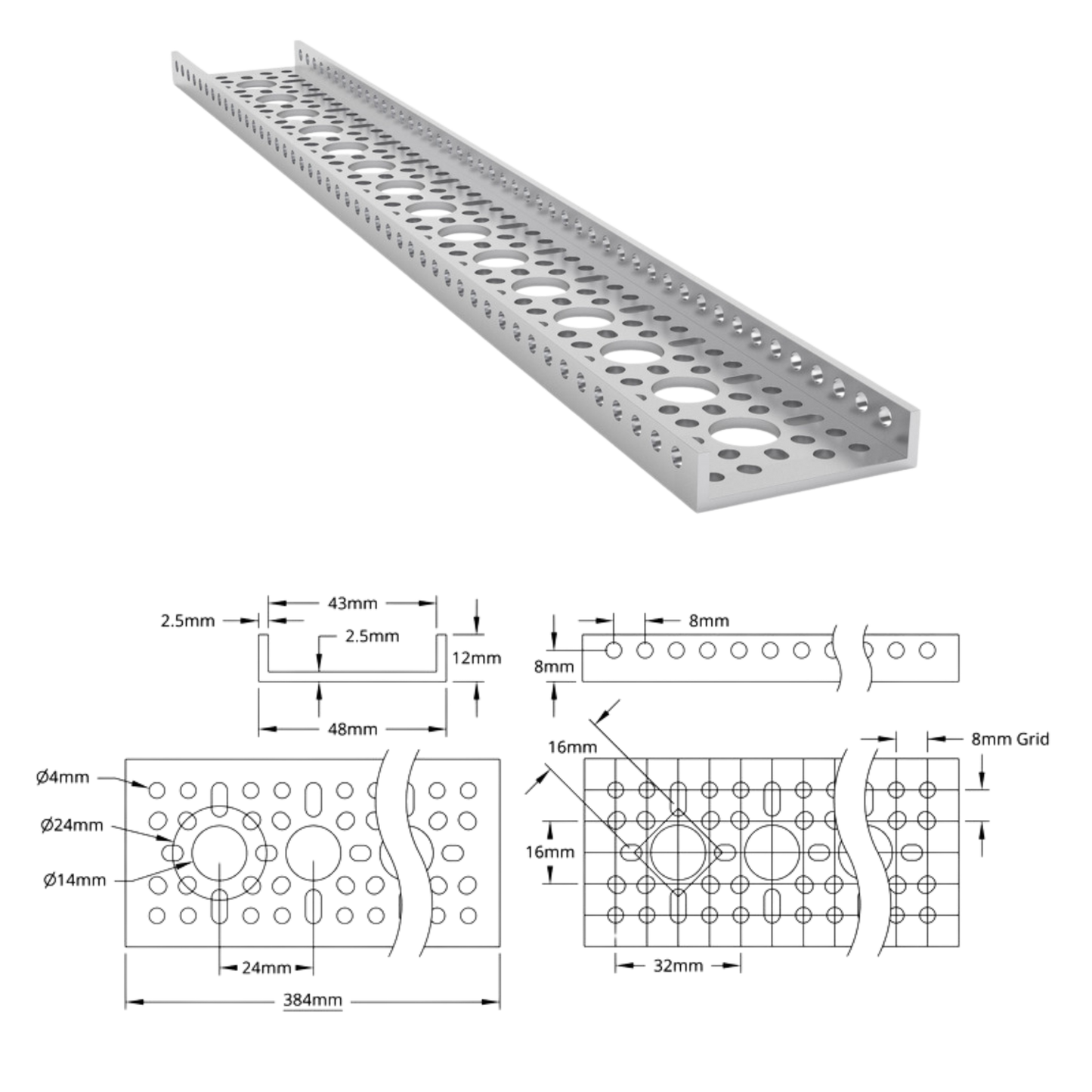 goBilda's 1121 Series Low-Side U-Channel (15 Hole, 384mm Length)