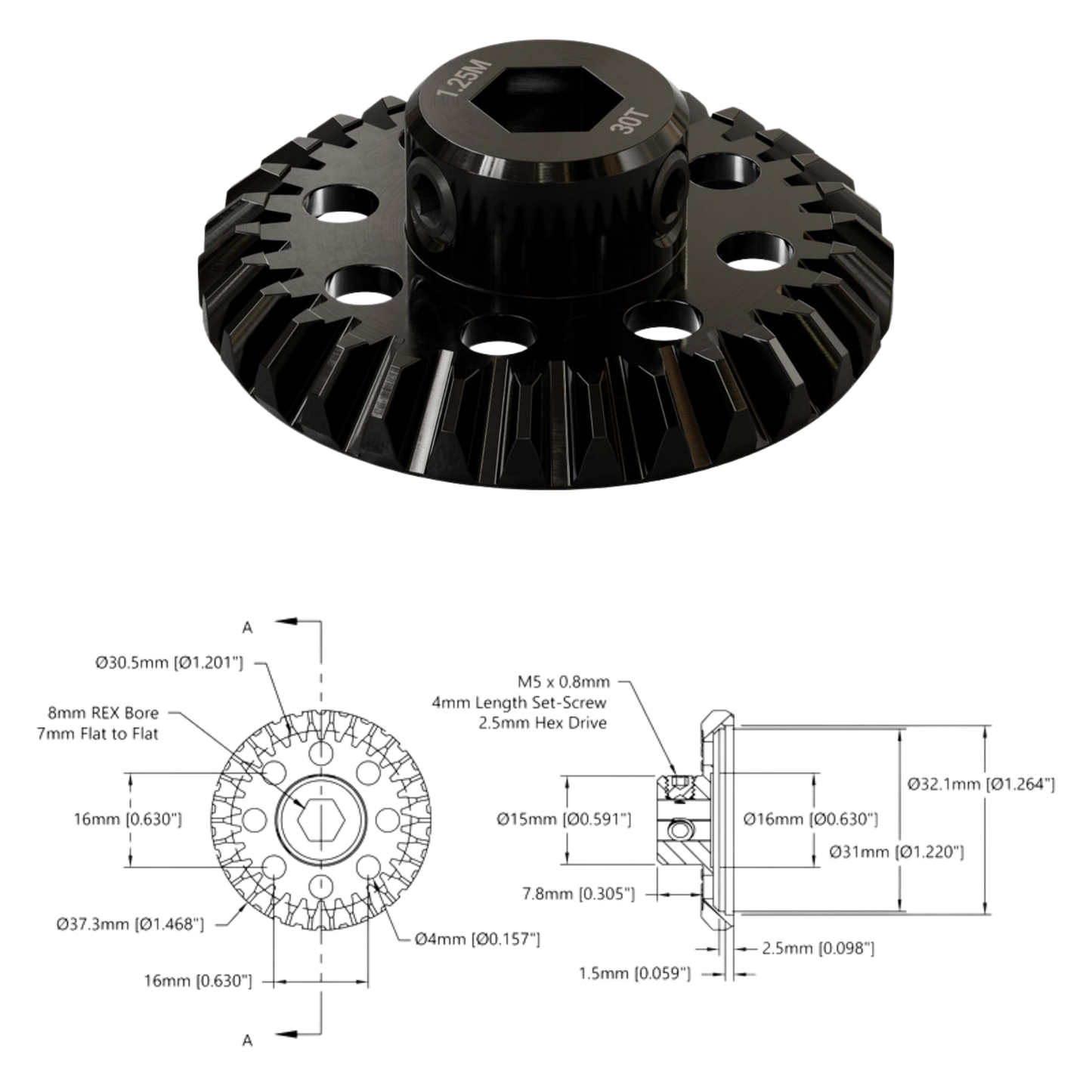 goBilda's 2315 Series, Steel Miter Gear (MOD 1.25, Set-Screw, 8mm REX™ Bore, 30 Tooth)